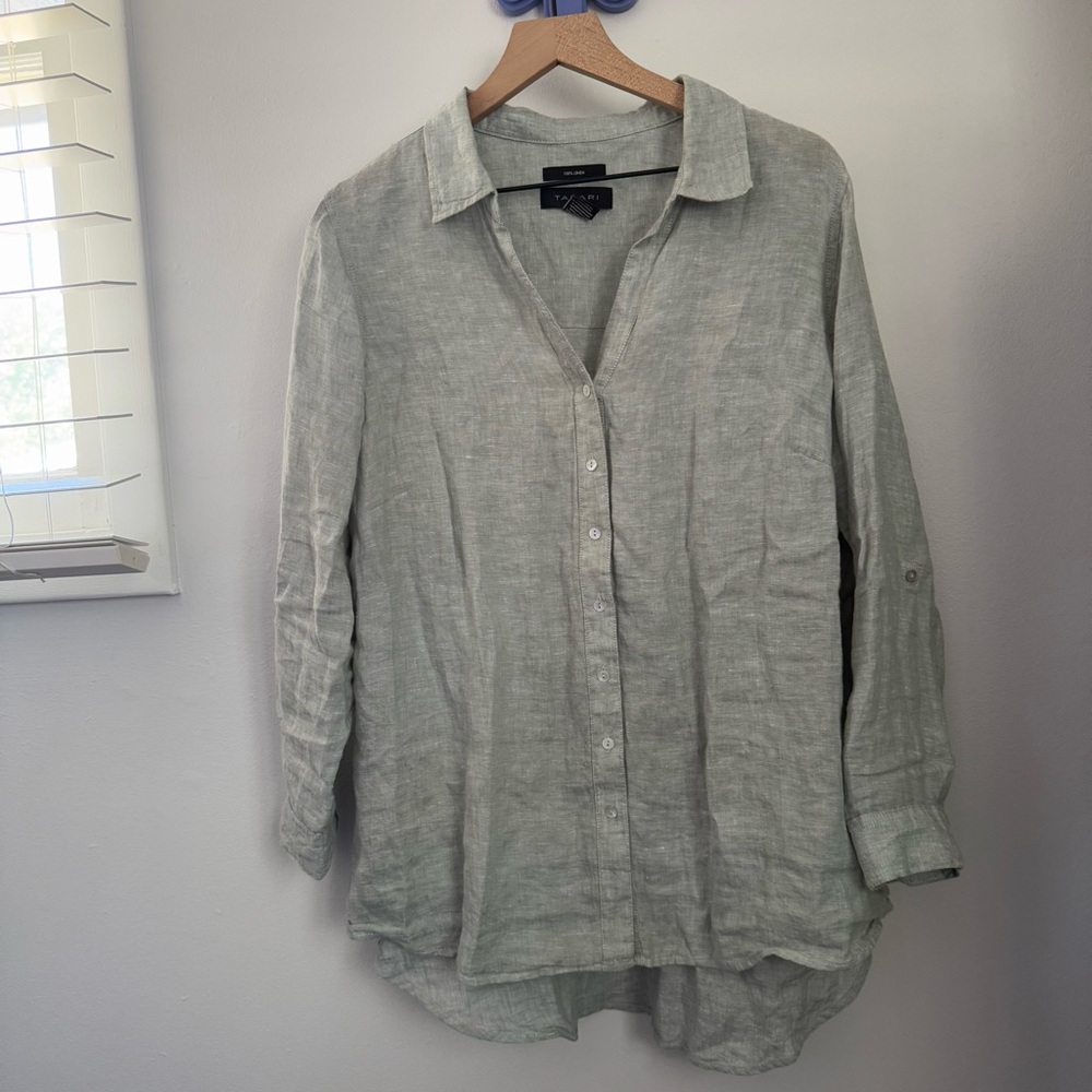 Tahari Light Sage Green Linen Button-Down Shirt